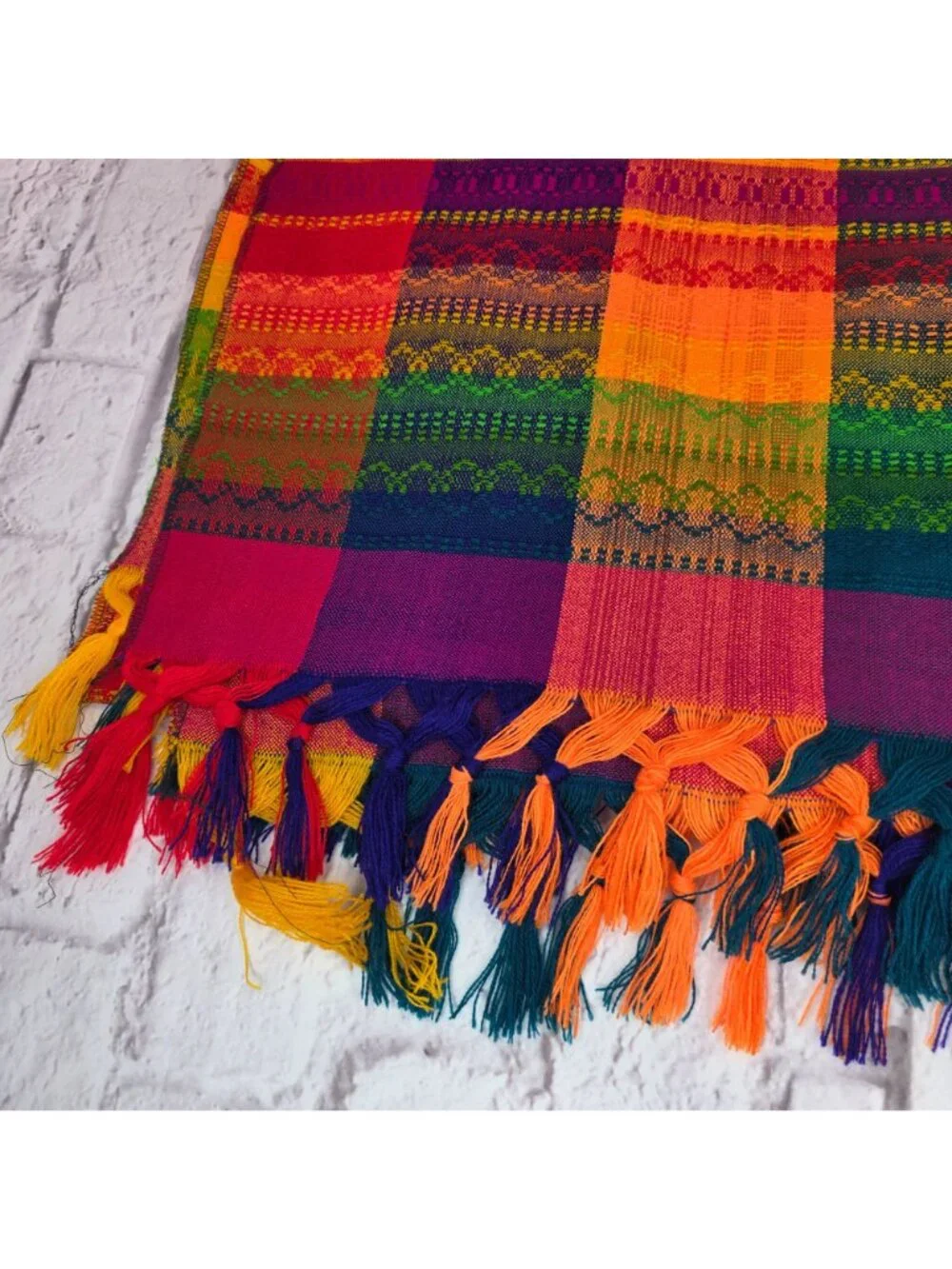 Vtg Rainbow Handwoven Plaid Throw Blanket Fringe Vibrant Multicolor Stripe 65x58